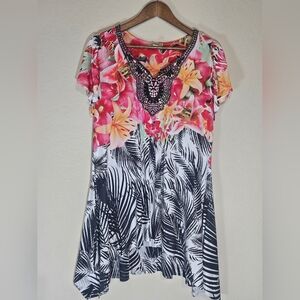 One World Tunic Blouse Womens Large Pink Floral Black White Zebra Sharkbite Hem